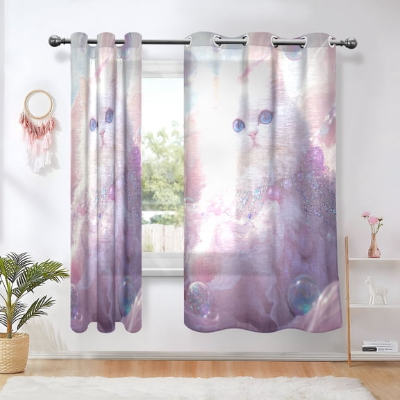 White Cat Bubbles Blackout Curtains 63 inch Length 2 Panels Window Decoration Curtains for Bedroom Living Room