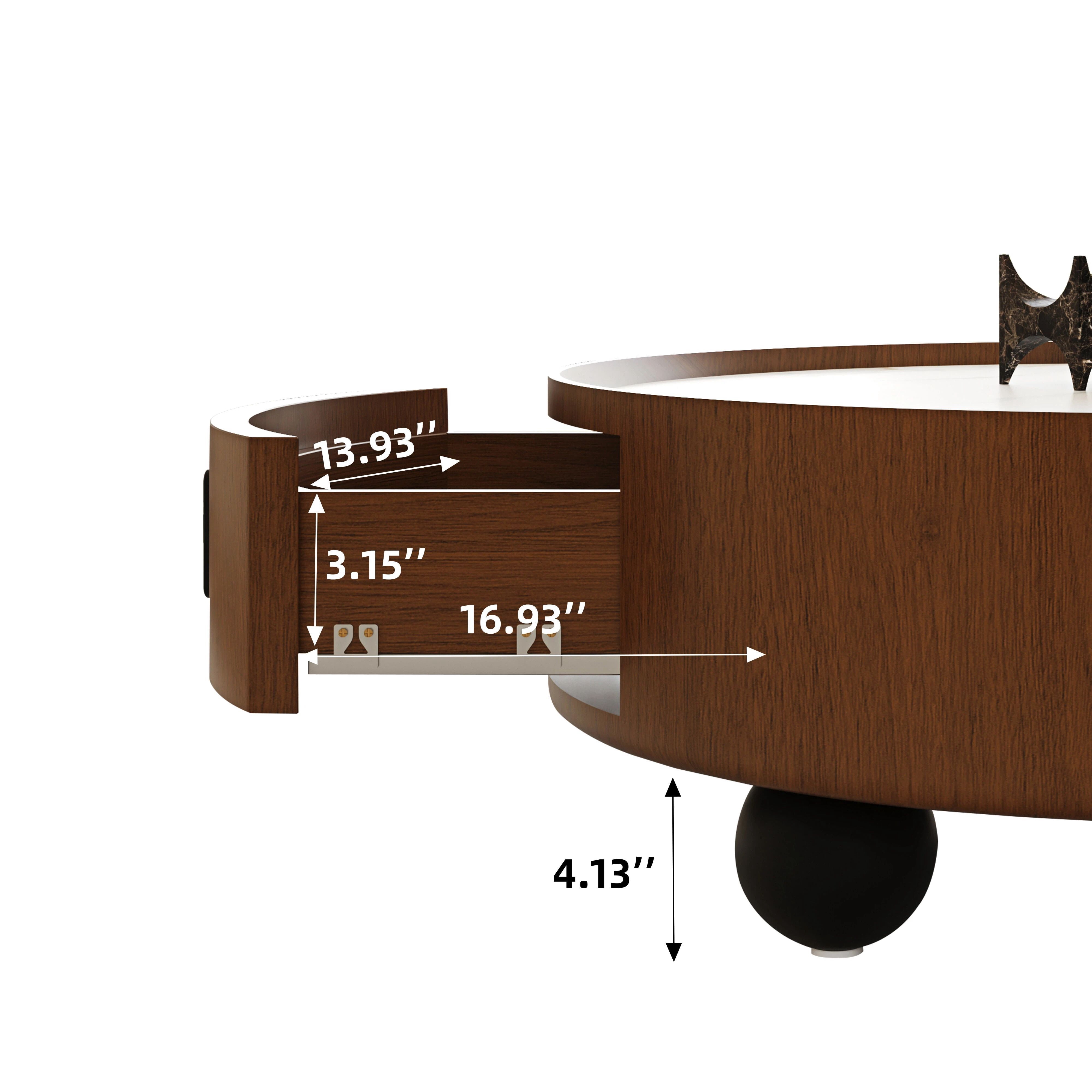 Euroco 35.43 Inch Round Coffee Table with Storage Drawer, Mid-Century Modern Accent Tea Table with Marble-Look Stone Top for Living Room,Home Office,Walnut