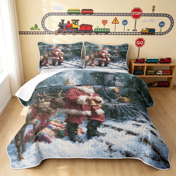 Erosebridal Christmas Train Twin Quilt Set, Santa Twin Coverlet Set, Christmas Santa 2-Piece 1 Bedspread and 1 Pillowcase