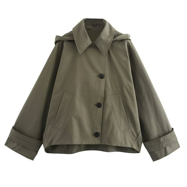 Chaqueta cortavientos verde militar para mujer, abrigo holgado de gran tamaño con capucha, de una sola botonadura abrigo grueso, ropa de calle, Otoño e Invierno