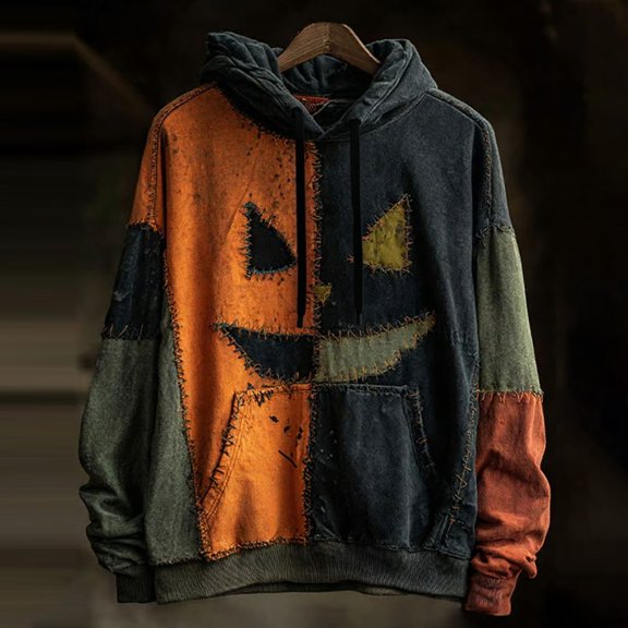 CONZONE Halloween Men's Hoodies Long Sleeve Hallowmas Pullover Hoodie for Men Funny Pumpkin Face Graphic Hooded Sweatshirts With Pocket