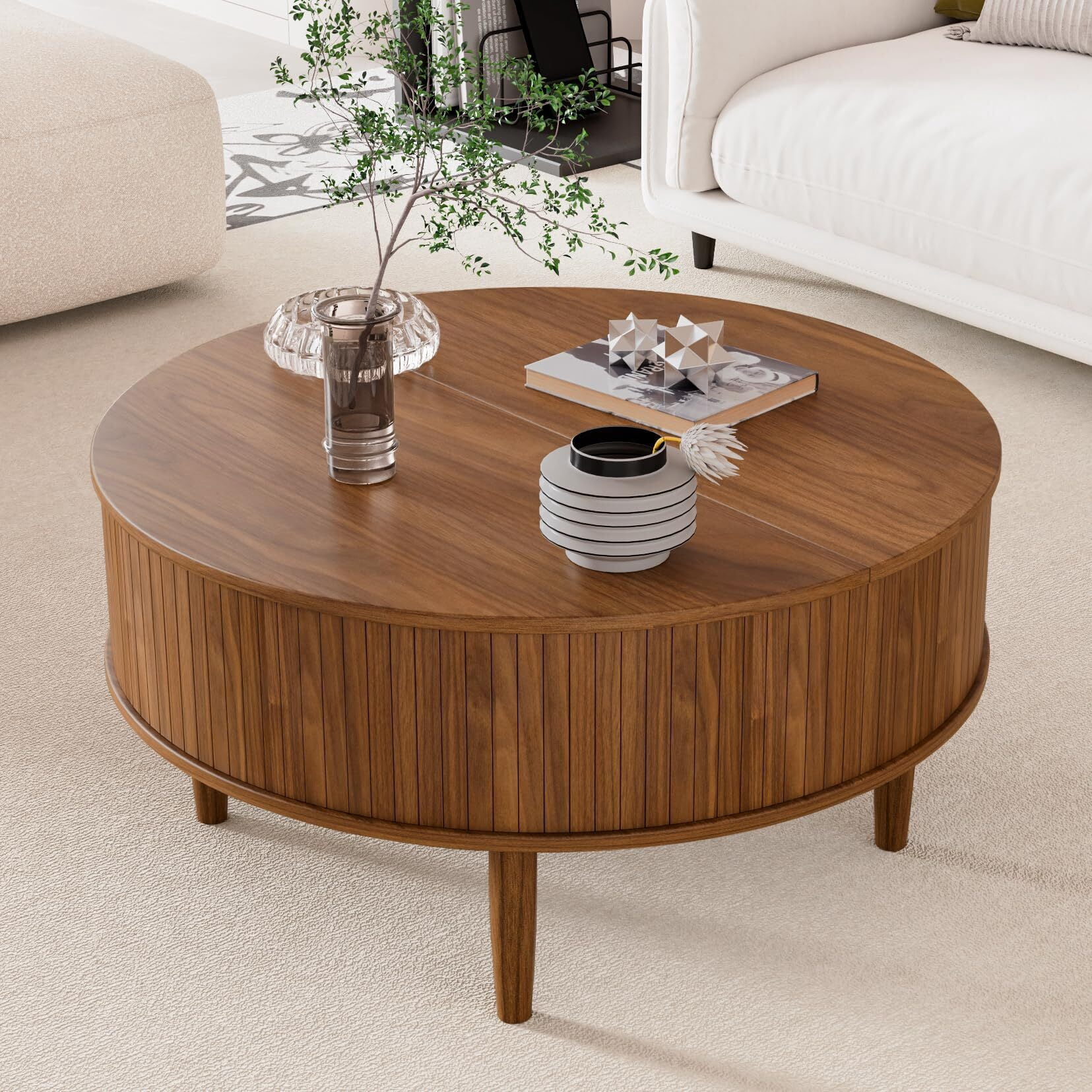 Fsbecl Mid-Century Modern Semicircle Wood Coffee Table with Storage, Walnut
