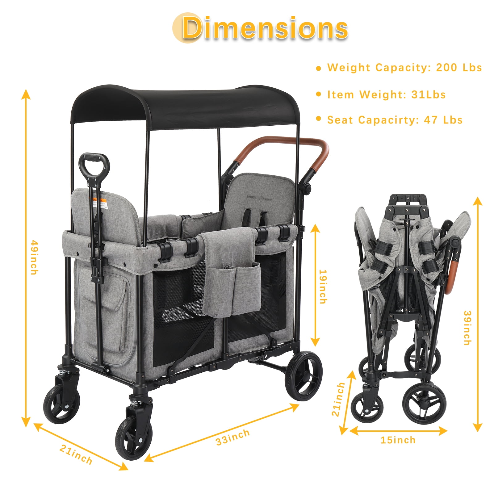 Foldable Stroller Wagon for 2 Kids, Adjustable & Removable Canopy, Oversized Storage Basket, Convertible High Seat & Organizer, Wagon Cart with Double Adjustable Push Bars, for Beach, Camping
