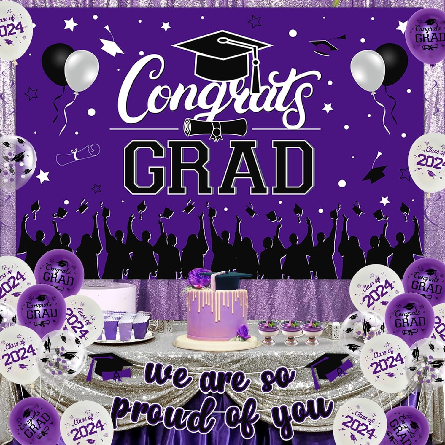 Class Of 2024 Graduation Banner - 'We Are So Proud Of You' Glitter Party Decor For High School Or College Grad, Purple & Black - View #3