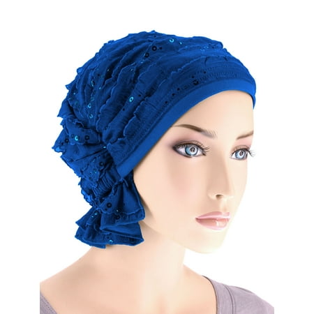Turban Plus The Abbey Cap ® Womens Chemo Hat Beanie Scarf Turban for Cancer Ruffle Royal Blue Sequin