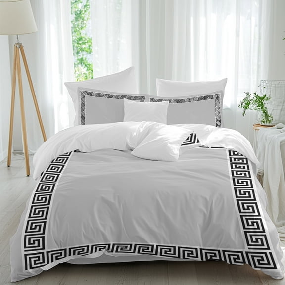 Grey Duvet Cover Set Twin Size, Greek Chinese Style 4 Piece Soft Microfiber Bedding Set with 1 Duvet Cover, 1 Flat Sheet, 2 Pillowcases