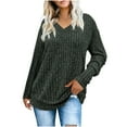thumbnail image 3 of Lovskoo 2024 Womens Sweaters Long Sleeve Winter Fall Casual Solid Color V-Neck Knitted Loose Sweater Top Olive Green S, 3 of 8