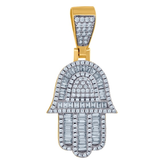 925 Sterling Silver Yellow-tone Mens Baguette Cubic Zirconia Humsa Symbol Religious Charm Pendant 38.7x18mm Wide Necklac