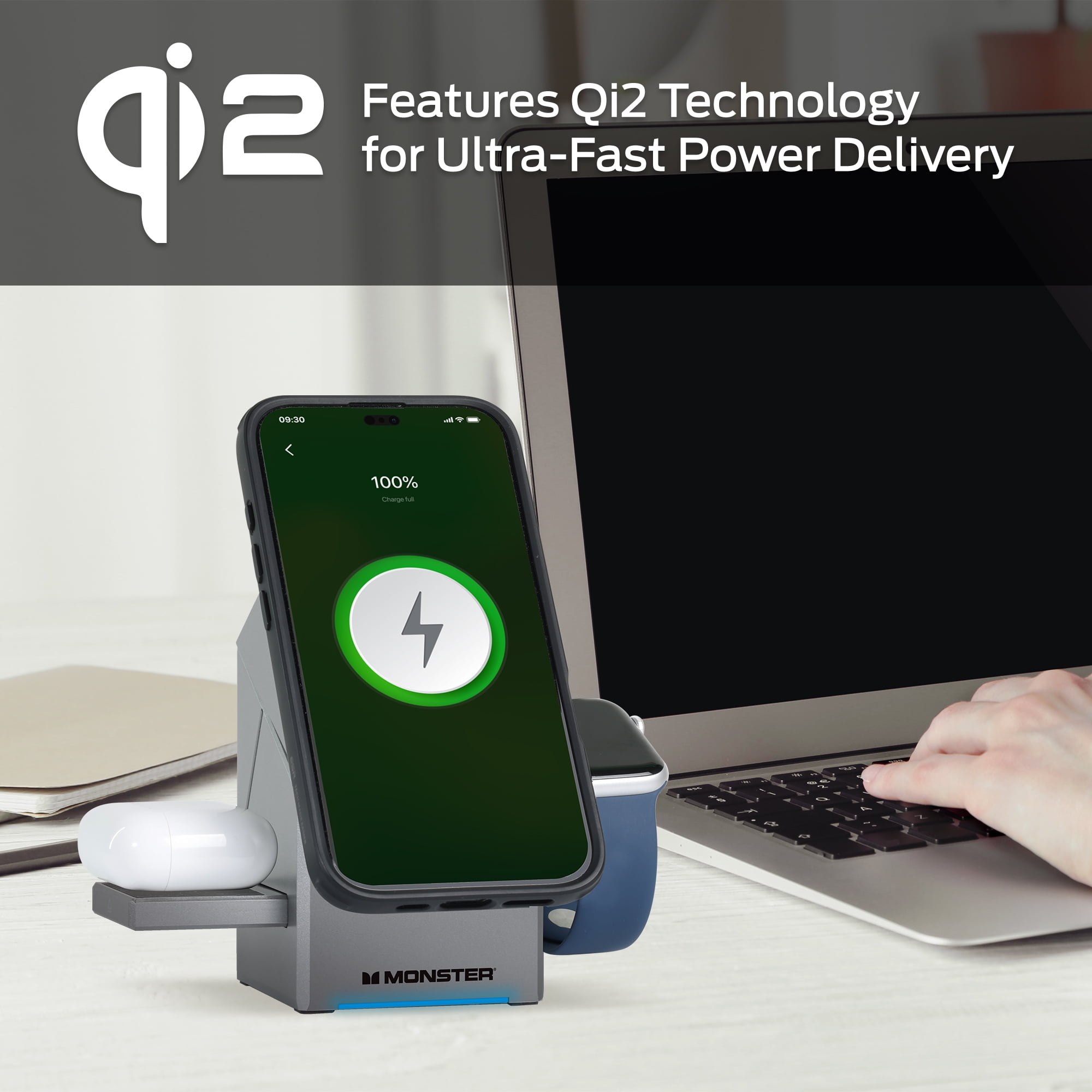 Monster 3-in-1 Wireless Charger Stand, Qi2 Magnetic iPhone Charger for iPhone 16/15/14/13, Apple Watch & AirPods, Motorized Rotating Phone Charger, 22.5W, 30W USB-C PD Adapter