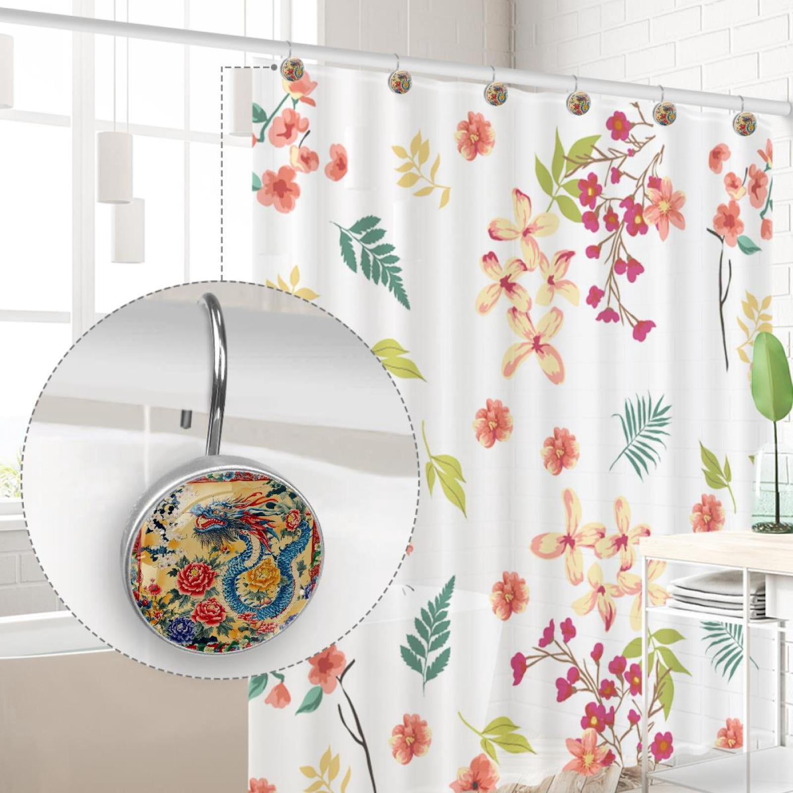 Blue Chinese Dragon Blossom Peony Shower Curtain Hooks Round Crystal Glass, Set of 12 Shower Curtain Rings - Shower Hooks for Curtain Shower Rings