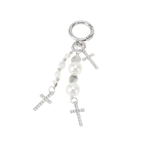 Vocoste 1 Pc Handbag Charm Keychain Faux Pearls Bag Accessories Silver Tone Beige
