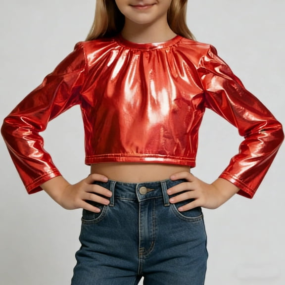 CLOISE Kids Girls Boys Tops Long Sleeve Sequin Shirts Crewneck Party Pullover Solid Color Blouses Red 11-12T