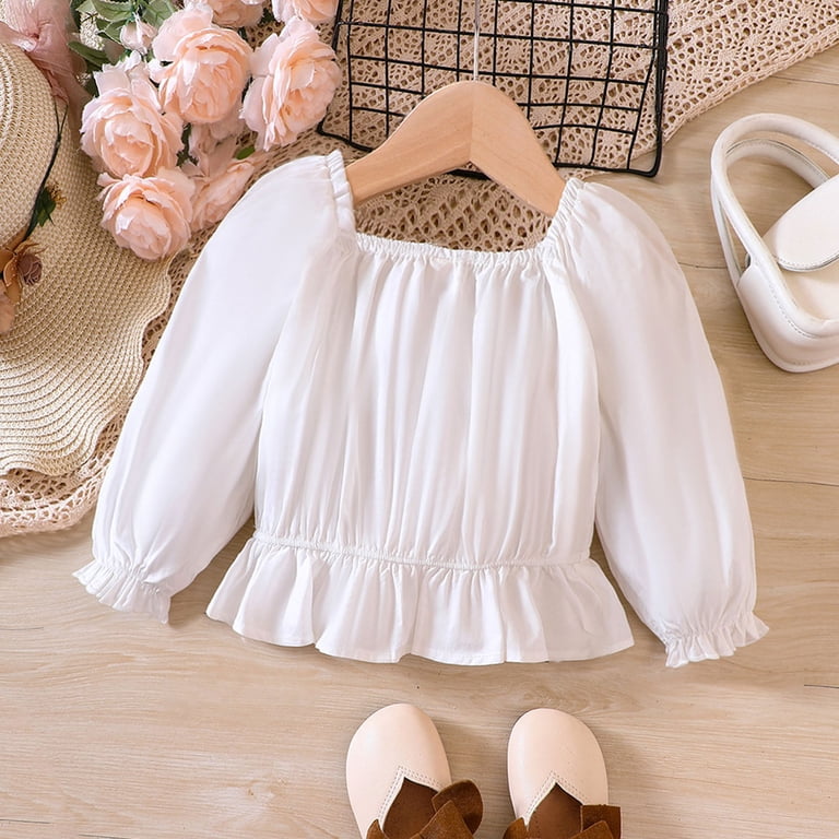 Toddler Girls Long Sleeve Blouse Button Solid Puff Sleeve Shirt