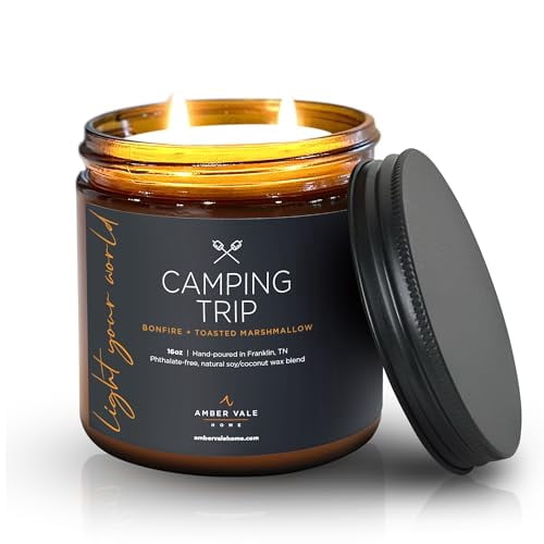 Amber Vale Home Camping Trip, Bonfire and Toasted Marshmallow Scented Natural Soy and Coconut Wax Candle, Phthalate Free, Non-Toxic and Healthy Clean Burning, 16oz Jar