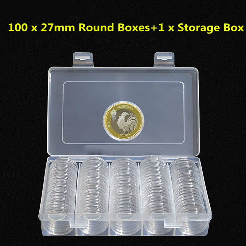 100 Clear Coin Capsules Coin Case Holders 27mm Round Storage Boxes NIUS 