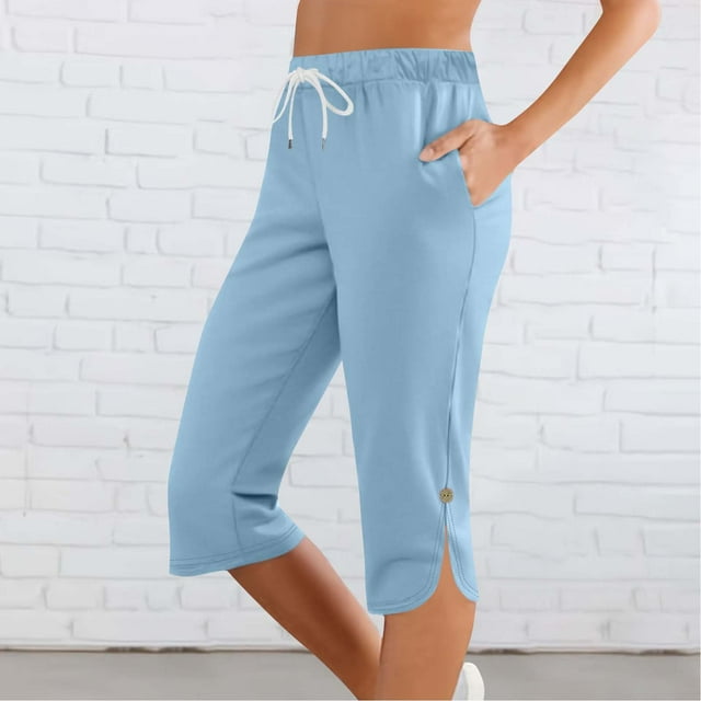 Soki Womens Casual Capri Pants Elastic Waist Drawstring Slit Hem Solid Color 3/4 Wide Leg Summer Trousers with Pockets