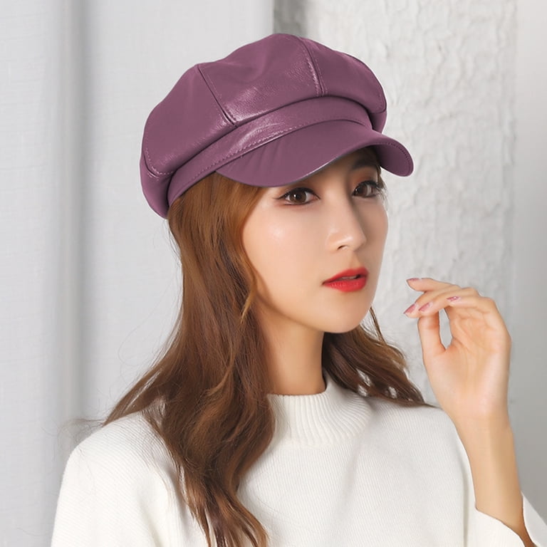 3 Pcs PU Leather Newsboy Hats 8 Panel Visor Beret Cabbie Hat Funtery 3 Pcs Women Newsboy Hats PU Leather Visor Beret  main image 2