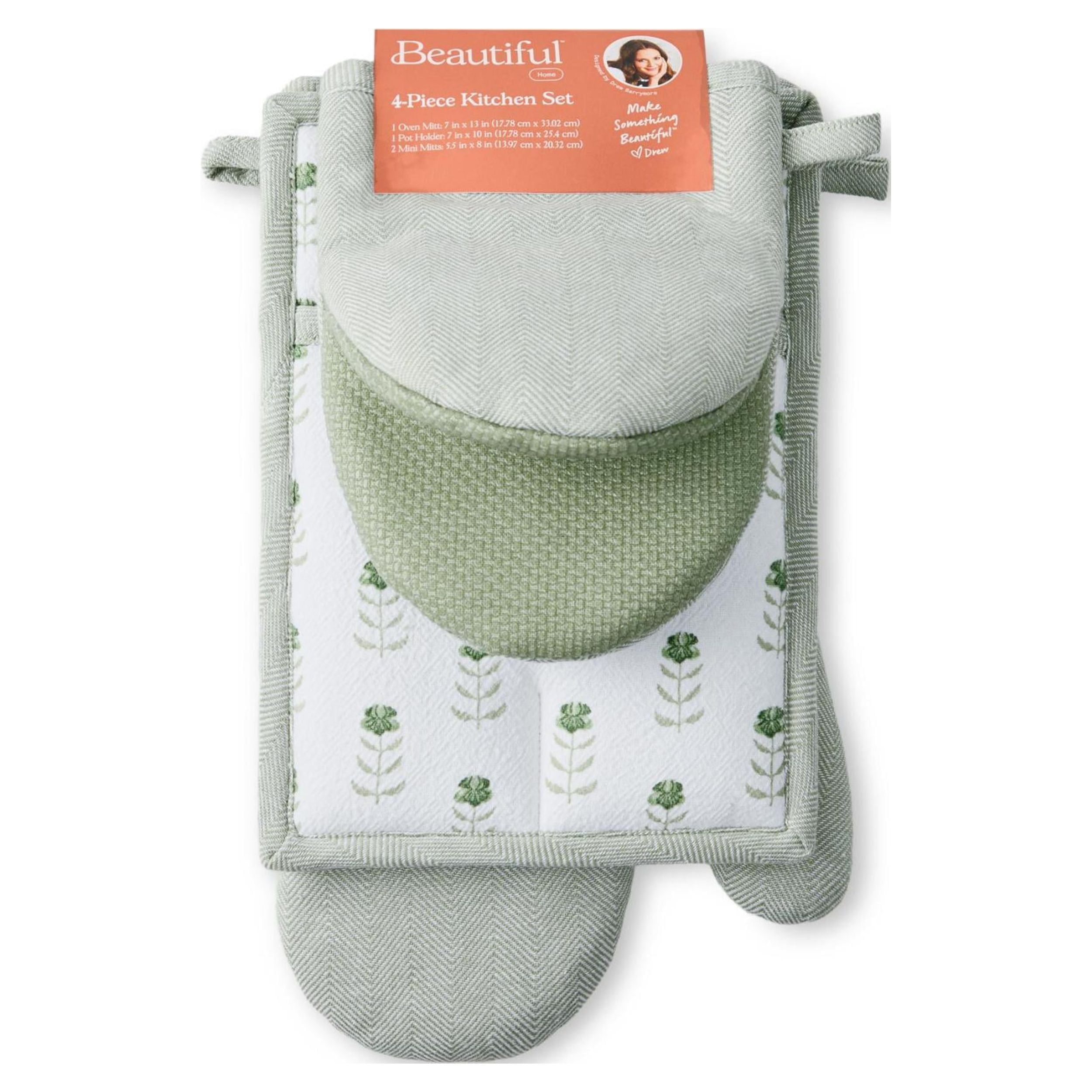 Beautiful Home by Drew Barrymore 4-Piece Oven Mitt, Pot Holder, Mini Mitt Set, Green