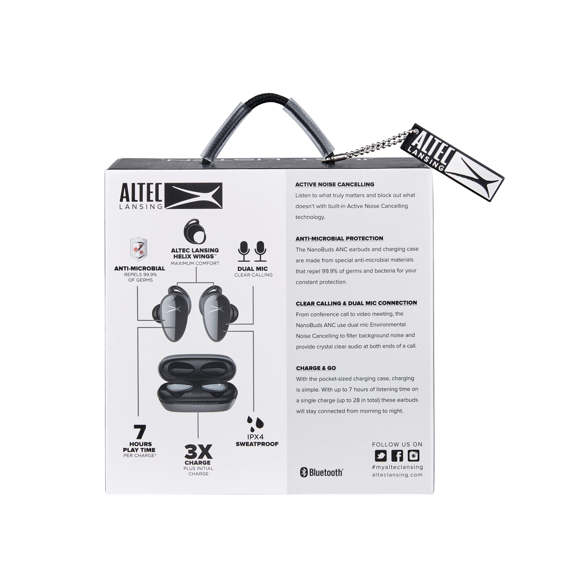 Altec Lansing NanoBuds Active Noise Cancelling Truly Wireless Earbuds, with Water Resistance, Stay-In-Place Helix Wings, Anti-Microbial Protection, 28 Hours of Total Playtime, Gray