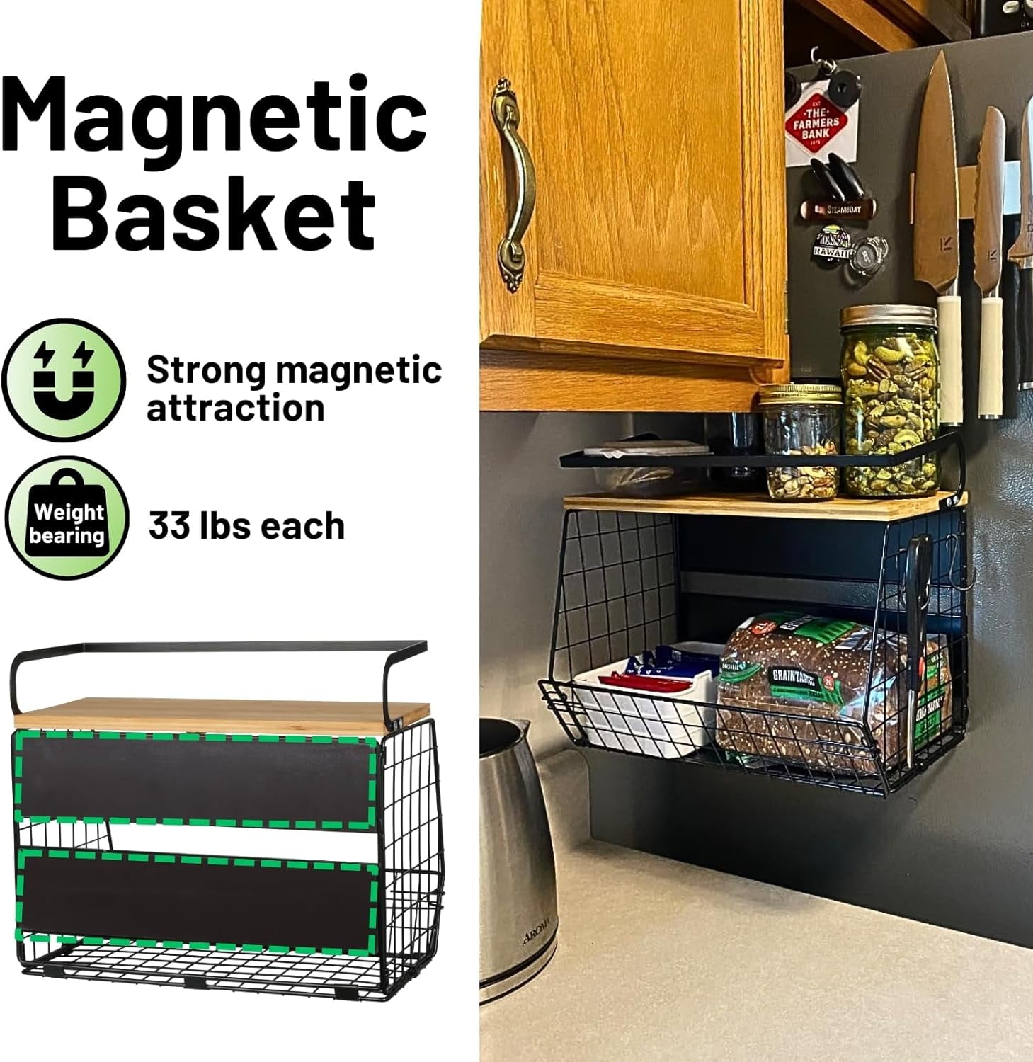 Shelf for Fridge with Wood Lid, Fruit Potato and Onion Storage Bins, Pantry Organizers & Storage, Large Container Magnetic Spice Rack for Refrigerator, Kitchen Counter, Cabinet (2, White)