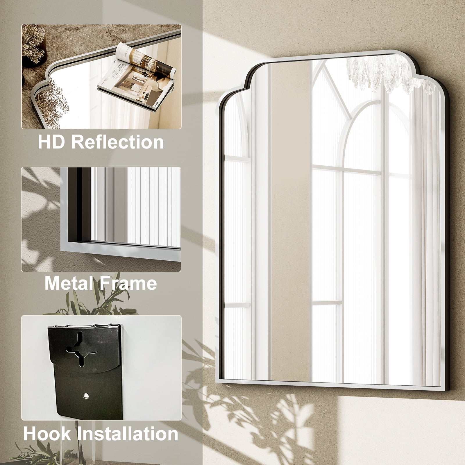BEAUTYPEAK 30"x40" Arched Bathroom Mirror with Curved Top Modern Decorative Wall Mirror with Deep Frame, Silver