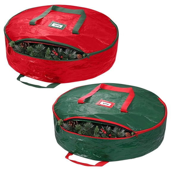 Christmas Wreath Storage Container Wreath Bag Plastic Waterproof Dual Zipper with Tear Resistant Fabric - 24" X 8" (Red)