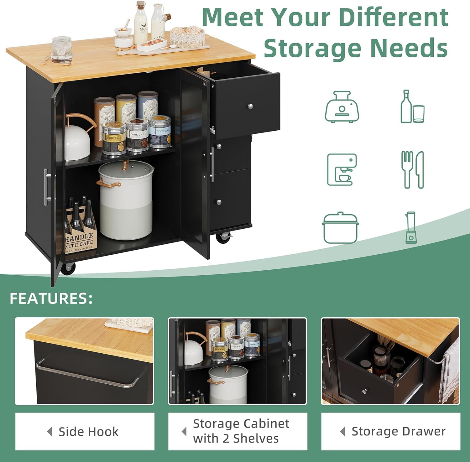 Sobaniilo Rolling Kitchen Island Cart with Folding Drop Leaf Breakfast Bar, Portable Trolley Island with Large Storage Cabinet, Shelf and Drawer, Black