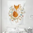 thumbnail image 1 of Cartoon Tapestry, Cute Baby Fox Sleeping in a Floral Made Bed Circle Art Print, Wall Hanging for Bedroom Living Room Dorm Decor, 60W X 80L Inches, Dark Orange White Teal Coral, by Ambesonne, 1 of 2