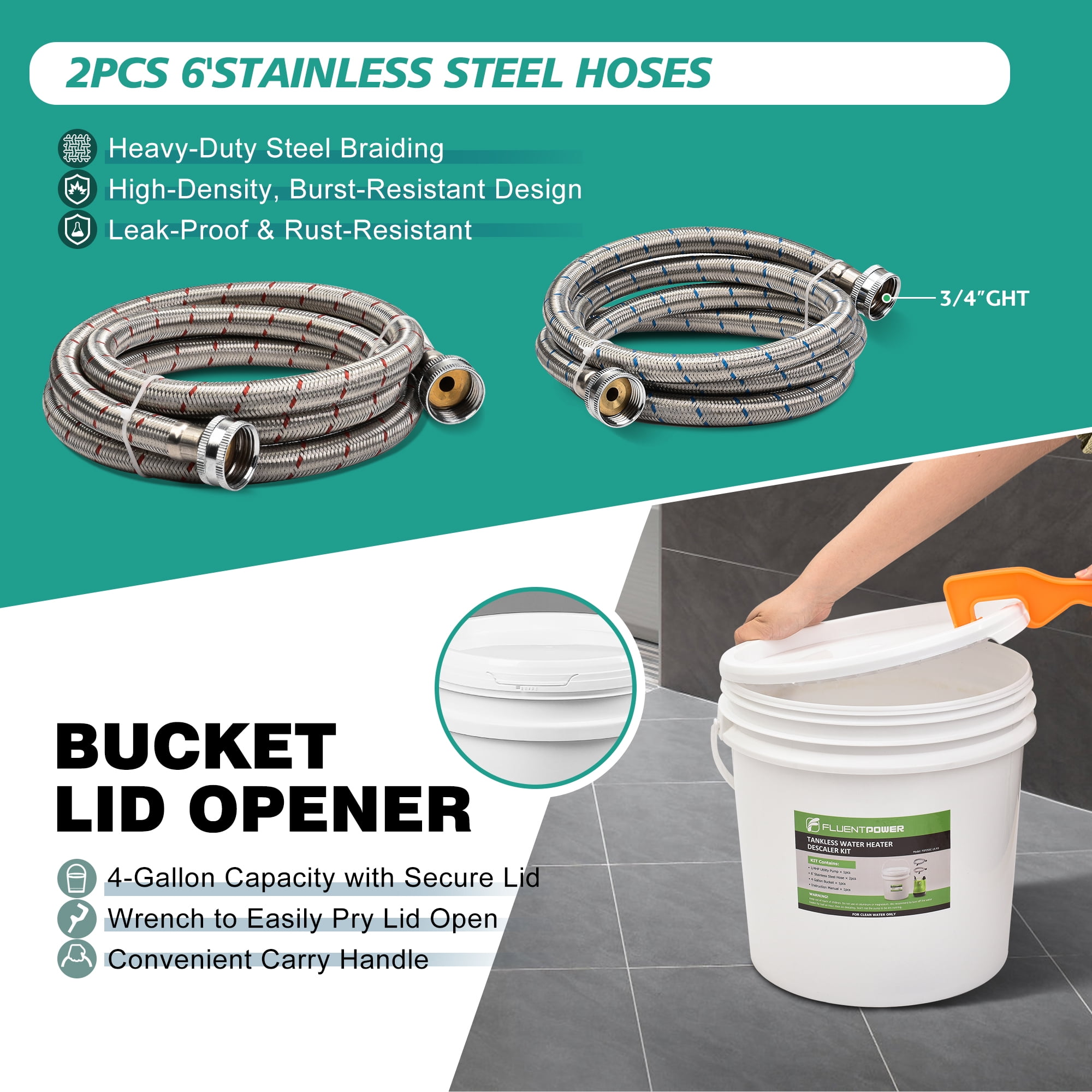 FLUENTPOWER Tankless Water Heater Descaling Flush Kit, Includes 1/4HP Submersible Utility Water Pump with Adapters, 4 Gallon Pail with Bucket Lid Opener, Two 3/4"GHT x 6' Stainless Steel Hoses
