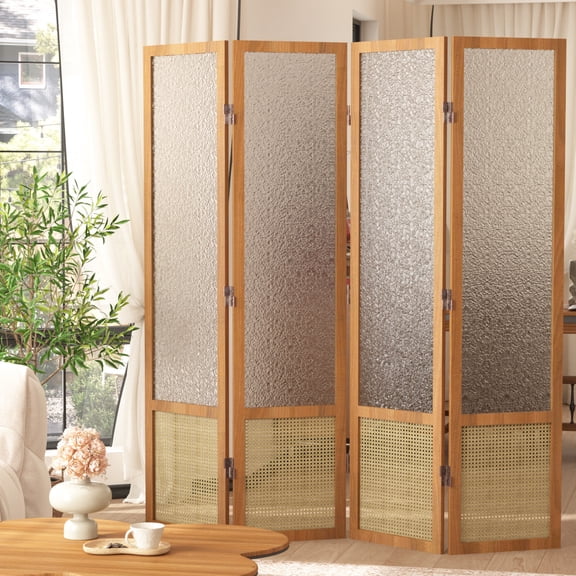4 Panel Wood Room Divider - 67" Tall Rattan & Acrylic Room Divider with Solid Wood Frame, Folding Frosted Glass Like Partition Privacy Screen, Freestanding Wall Dividers for Bedroom Office, Natural