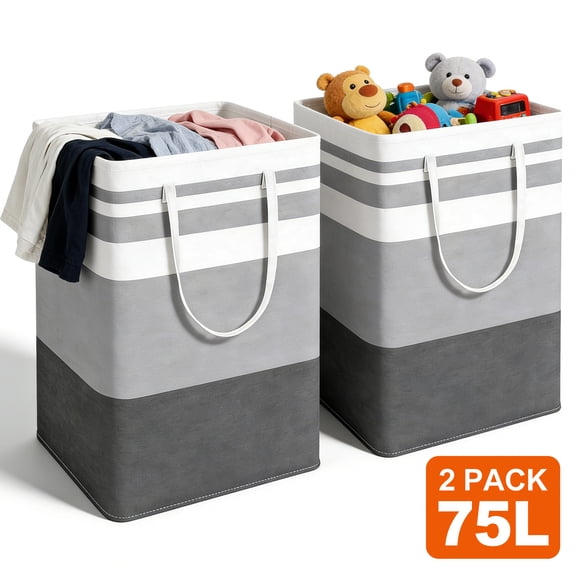 GARITIN Laundry Baskets 2 Pack, Freestanding Hampers for Laundry, Large Collapsible Dirty Clothes Basket with Handles in Laundry Room, College Dorm, Bathroom, Bedroom, Grey