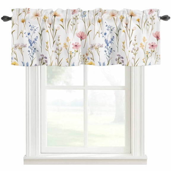 Rustic Vintage Valances for Windows Wildflower Colorful Floral Blossom Plant Rod Pocket Curtain Valance Window Treatment Short Curtains for Kitchen Living Room, 42"x18"