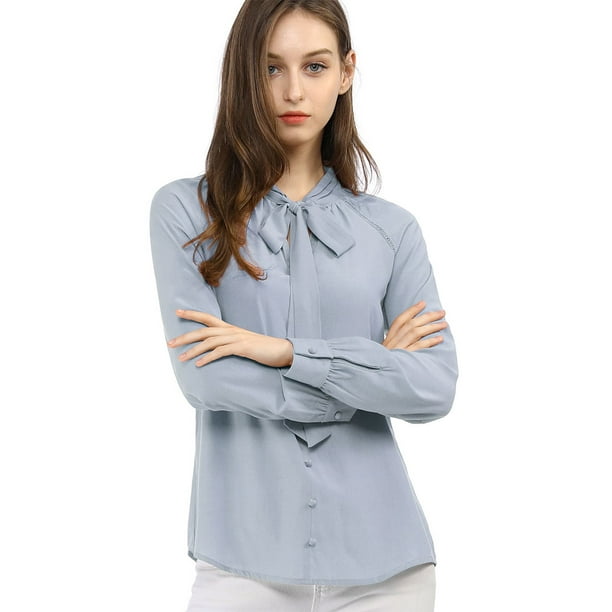 INSPIRE CHIC Camisa Casual Con Botones Manga Larga Corbata De Lazo Para Mujer Azul claro XS