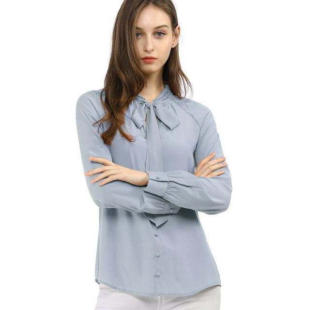 Camisa Casual Con Botones Manga Larga Corbata De Lazo Para Mujer Allegra K Azul claro S