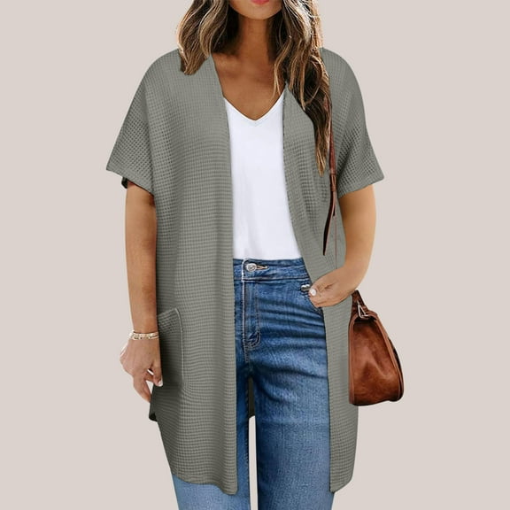 Fanxing Long Cardigans Sweater for Women Plus Size Short Sleeve Open Front Waffle Knitted Shrug Casual Fall Fashion Jacket Gray 3XL