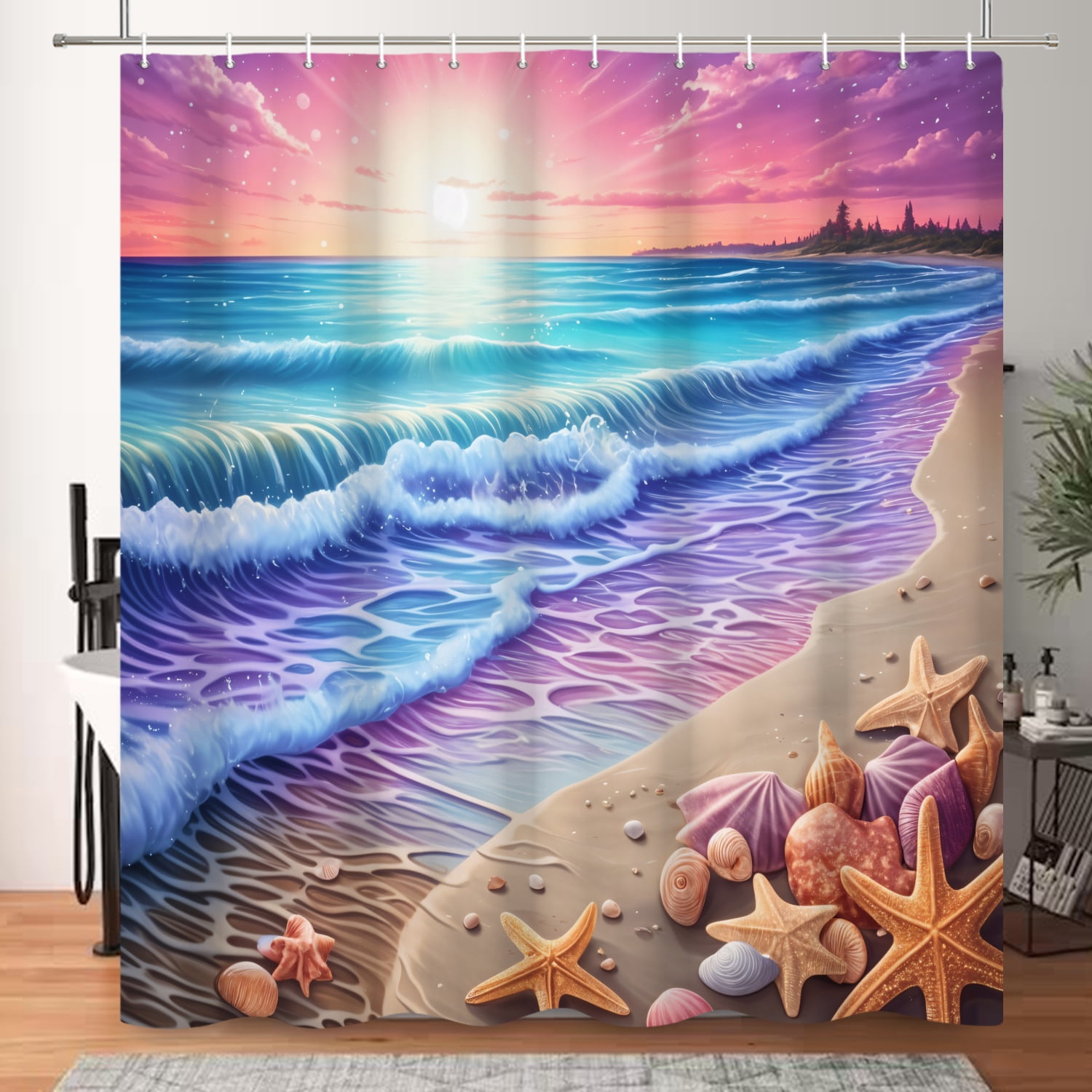 SUNOLIFE Ocean Beach Shower Curtain,Sunset Shell Fabric Bathroom Curtain with Hooks,72x72 in