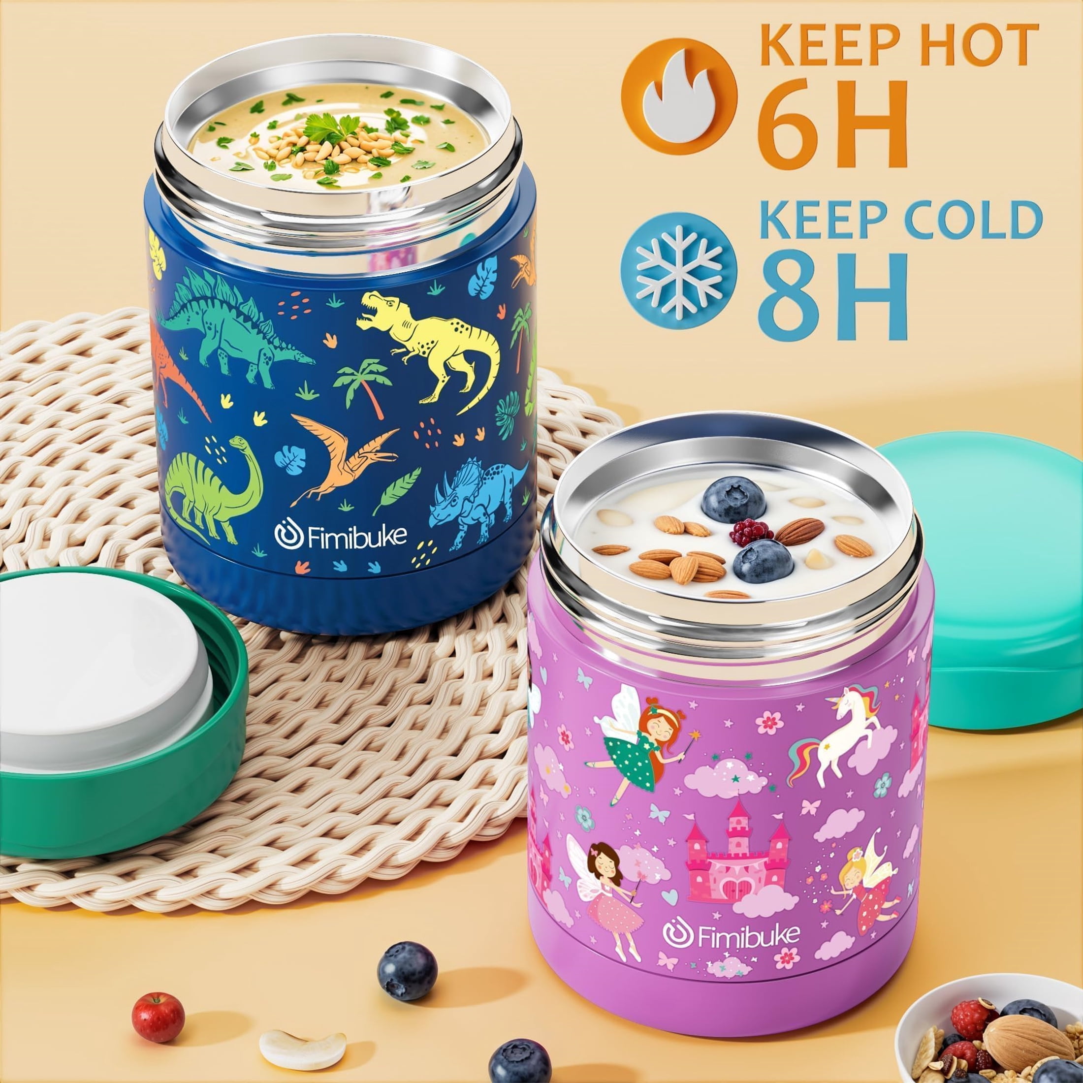 Bento Lunch Box 3-Compartment 32OZ Snack Lunch Container, Lunch Bag, 12OZ Insulated Food Jar & Ice Pack Set for School, Work, Travel, or Picnic (Fairy Unicorn)
