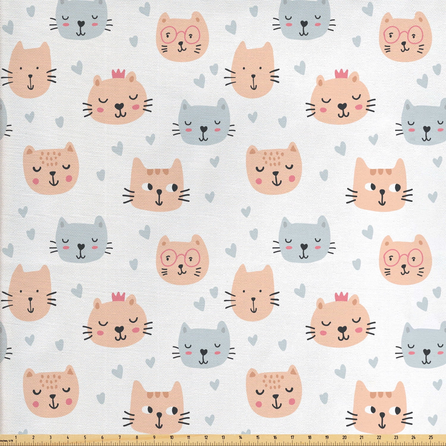 Cat Fabric by The Yard, Doodle Style Faces and Hearts Pet Theme