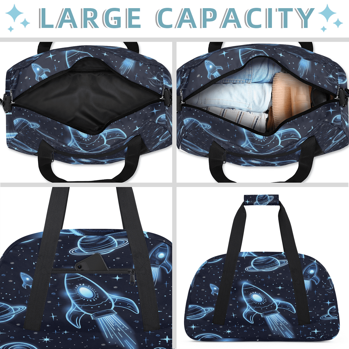 Herdesigns Planets Universe Rocket Sports Duffle Bag for Women & Men, Outer Space Gym Bag Dance Bag Overnight Bag Carry On Weekender Travel Bag