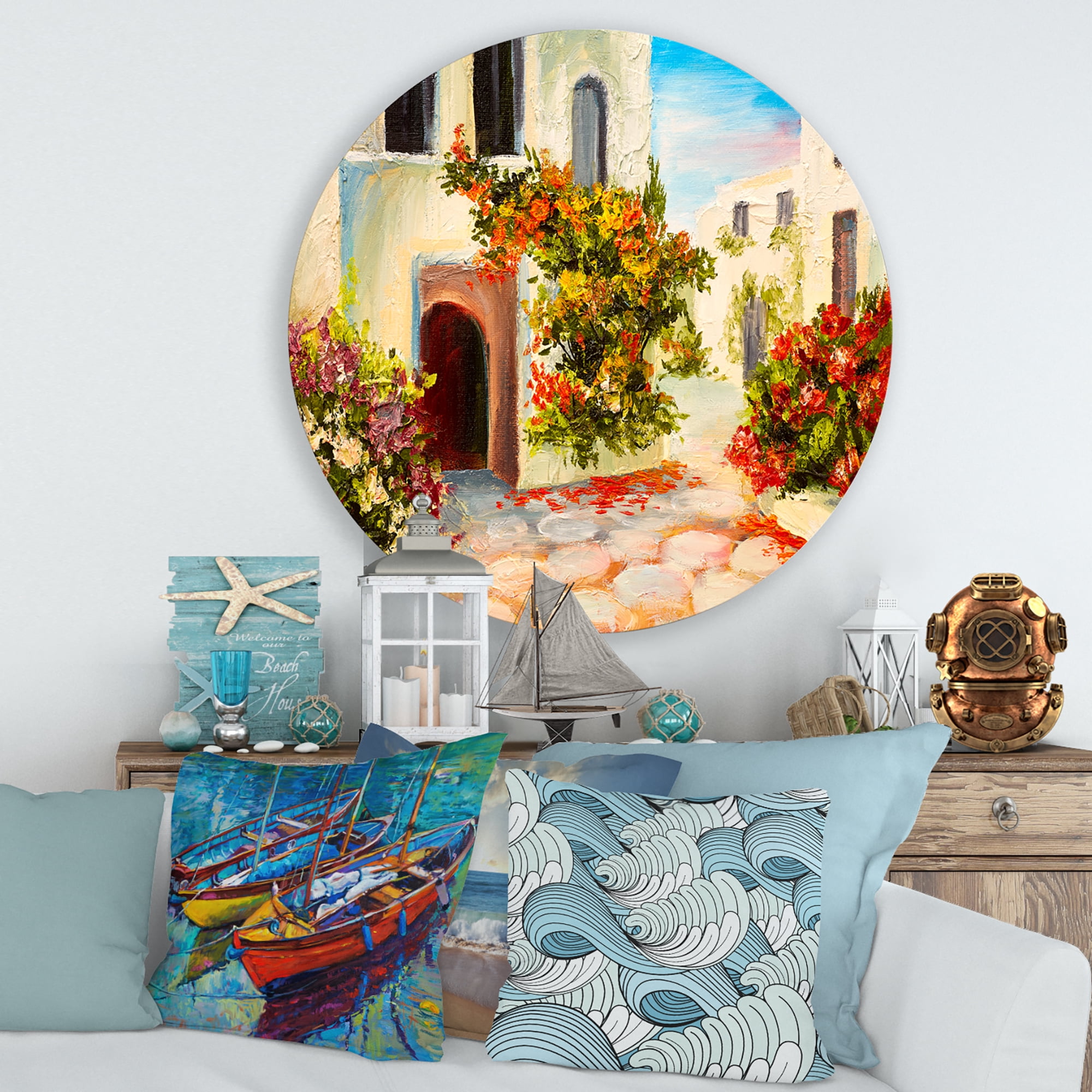 Designart 'The Mountain With Flowers With Little House I' Nautical & Coastal Circle Metal Wall Art 29x29 - Disc of 29