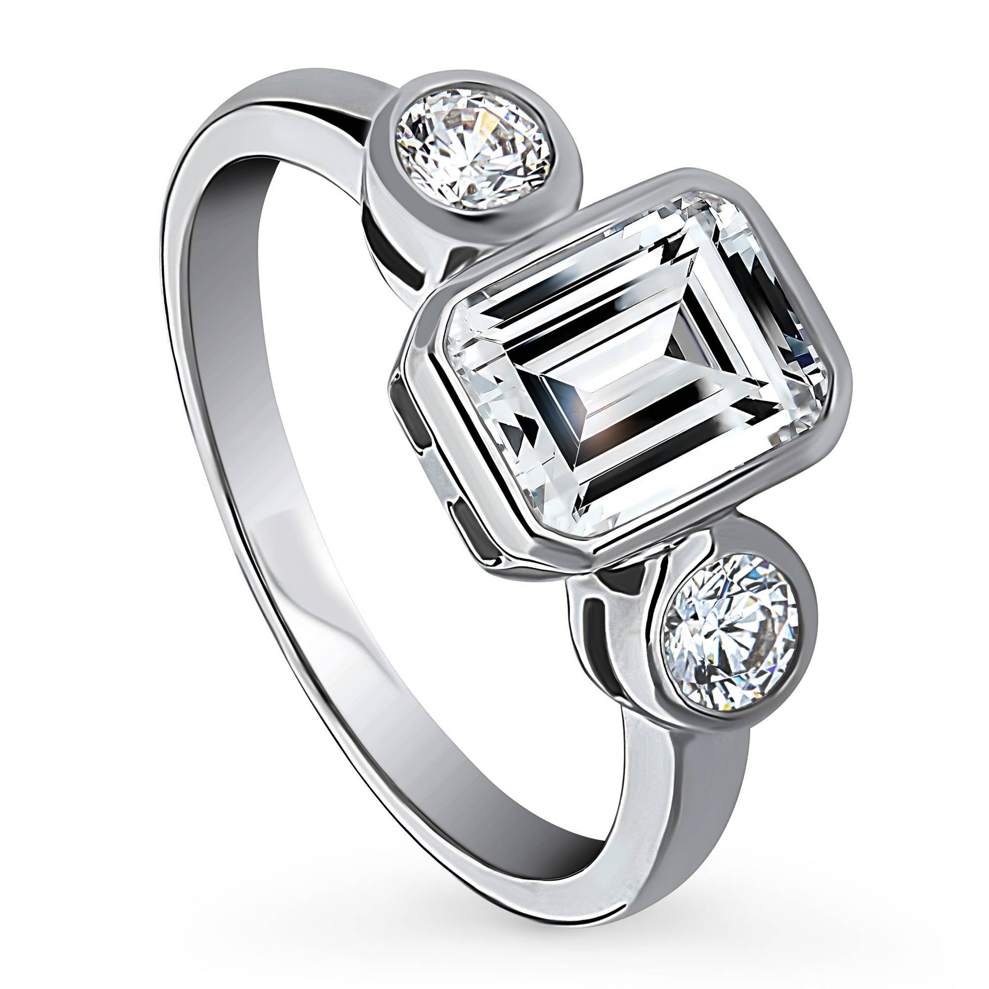 BERRICLE Sterling Silver Emerald Cut CZ 3-Stone Anniversary Engagement Ring 
