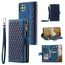 Feishell Crossbody Wallet Case for Samsung Galaxy A22 5G,Luxury PU Leather Magnetic Buckle Zipper Pocket Card Slots Shockproof Flip Stand Phone Cover with Hand Strap & Shoulder Strap,Blue