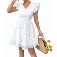 thumbnail image 2 of Womens Summer Lace Dresses Eyelet Casual Flowy Babydoll Swing Short Sleeve V Neck Tunic Dress White S, 2 of 10