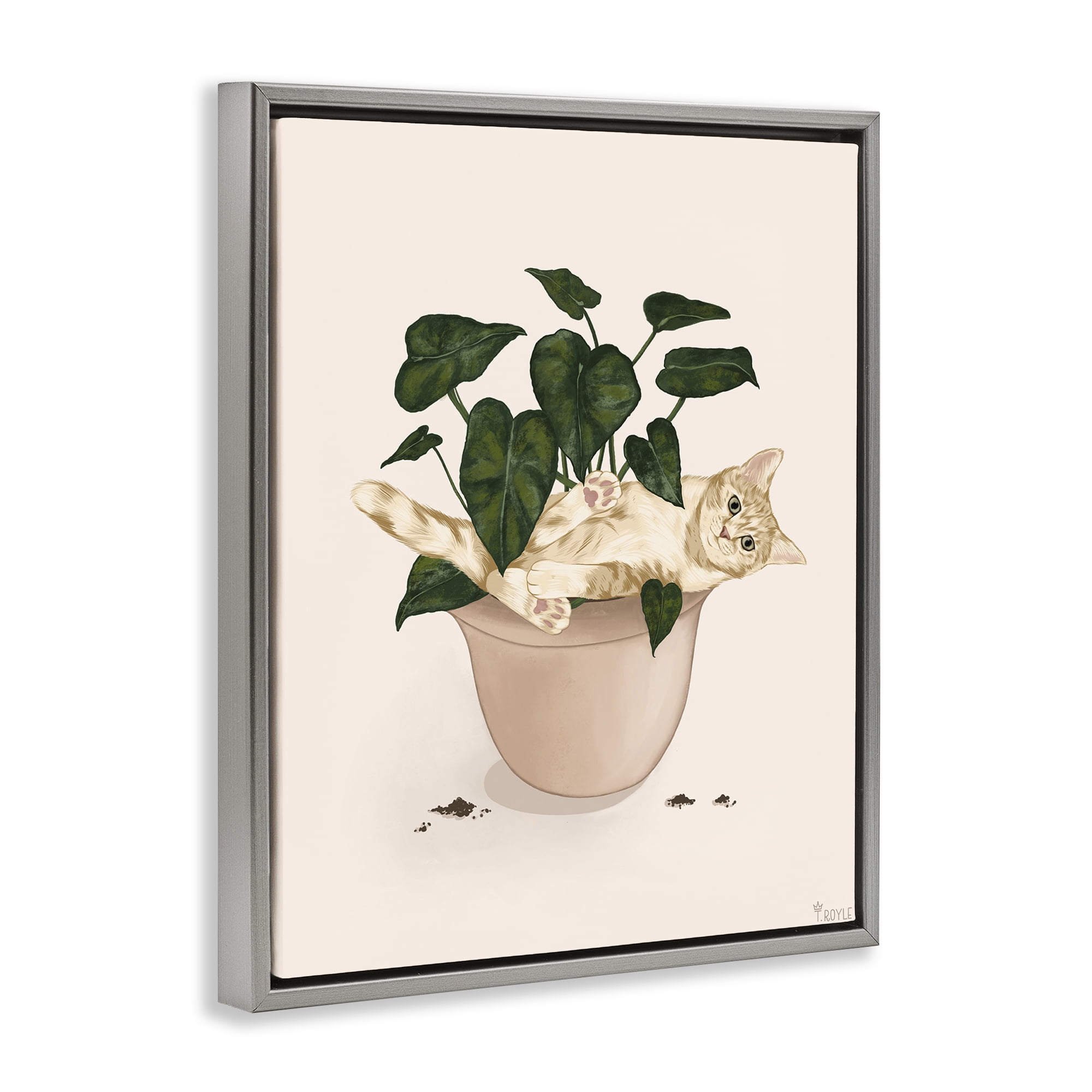 Stupell Industries Funny Cat in House Plant Animals & Insects Painting Gray Floater Framed Canvas Art Print Wall Art, 17 x 21