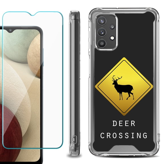 Shockproof Bumper Phone Case for Samsung Galaxy A32 5G, with Tempered Glass Screen Protector, by OneToughShield ® - Road Sign Deer