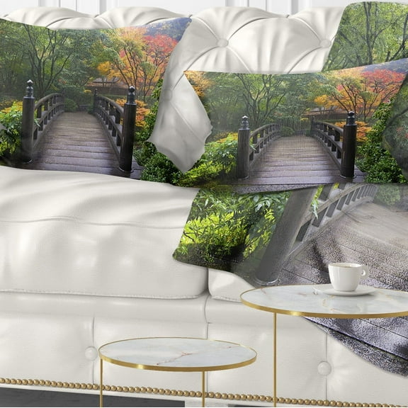 Designart Wood Bridge at Japanese Garden In Fall - Bridge Throw Pillow - 12x20