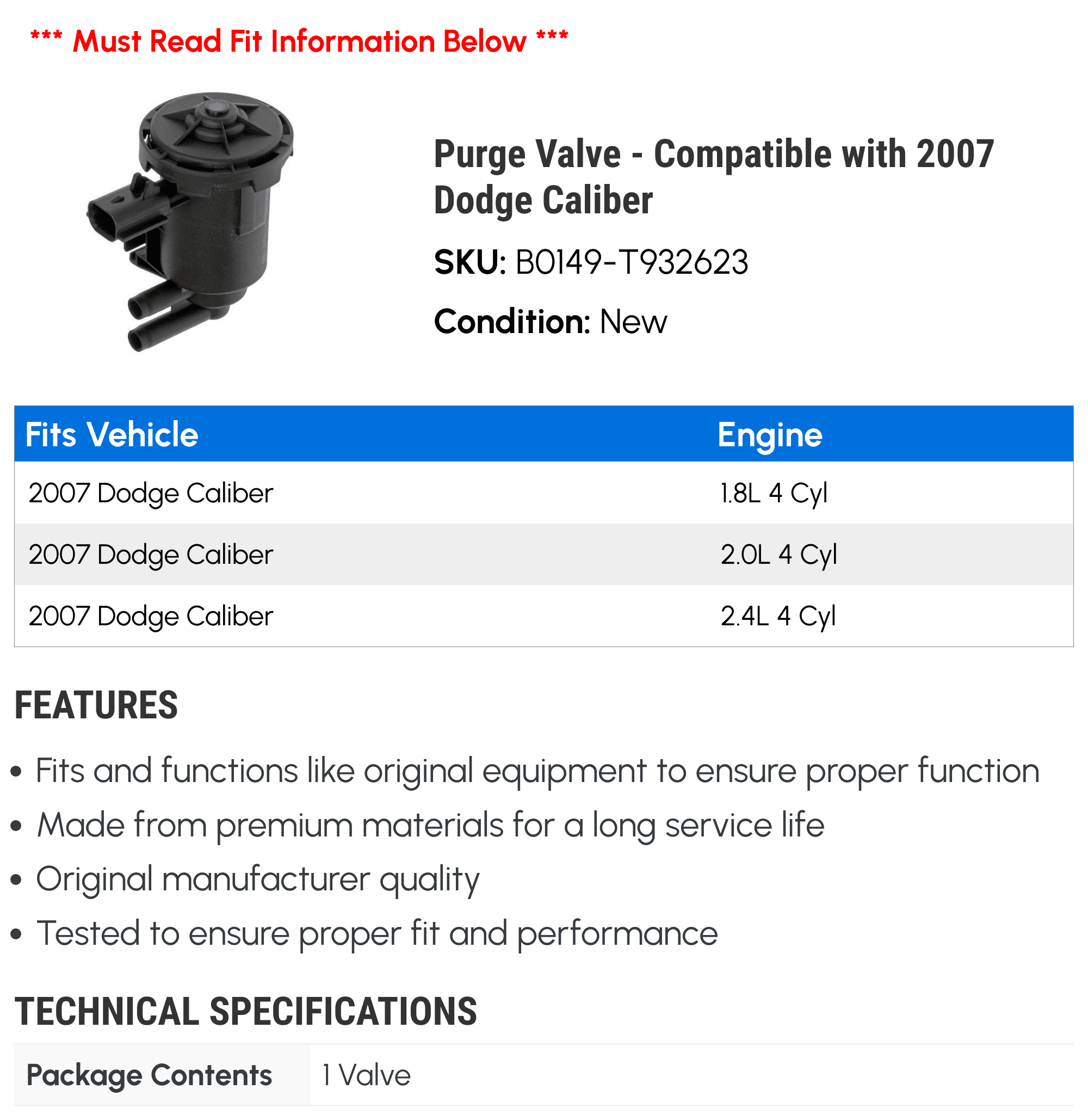 Purge Valve - Compatible with 2007 Dodge Caliber