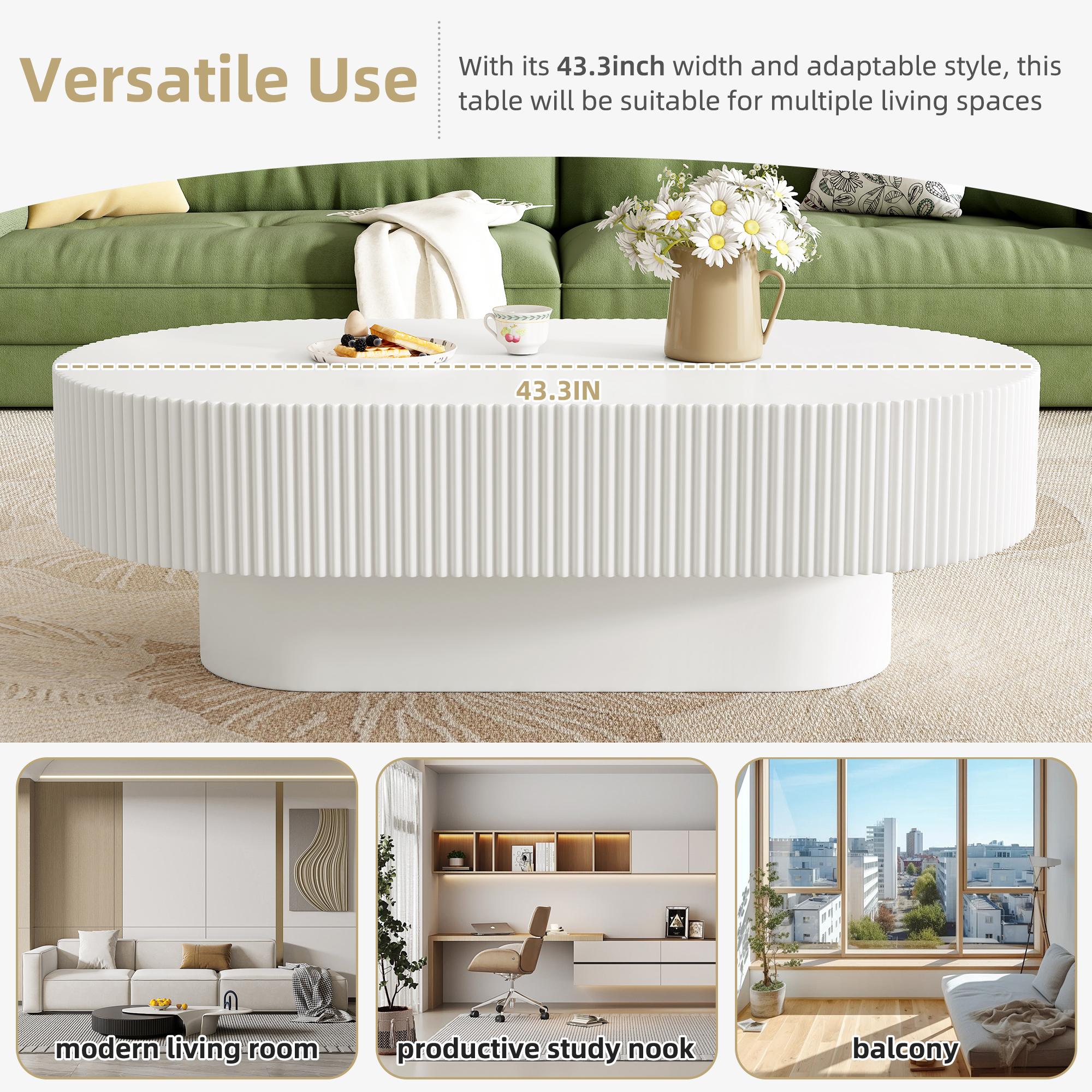 Harper & Bright Designs Wood Fluted Coffee Table, Modern Drum End Table, Oval Center Table with Sturdy Base for Living Room, White