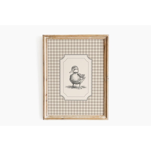 Vintage Duckling Beige Gingham Nursery Wall Decoration, Unframed Paper Poster 8x10in