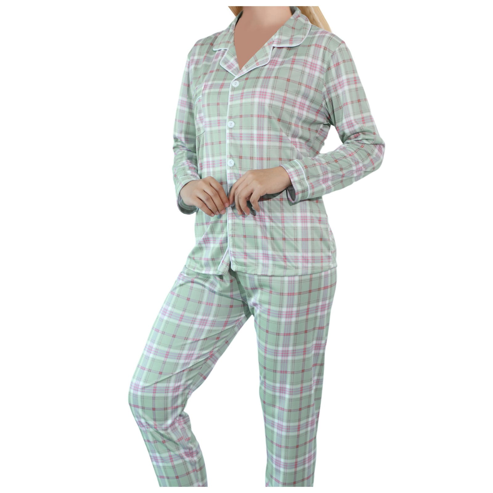 GDREDA Womens Pajamas Set Women's Baggy Lapel Plaid Long Sleeved